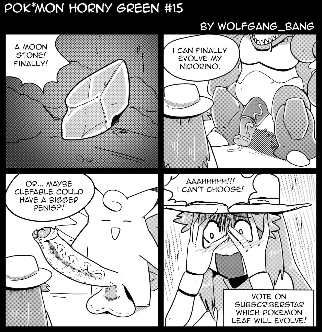 1girls, 2boys, choice, clefable, comic, english text, evolution stone, female, hat, imagining, leaf (pokemon), looking at penis, male, monochrome, moon stone, nidoking, penis, penis awe, penis size difference, pokémon (species), pokemon, pokemon (species), pokemon frlg, pokemon horny green, pokephilia, speech bubble, text, wolfgang bang