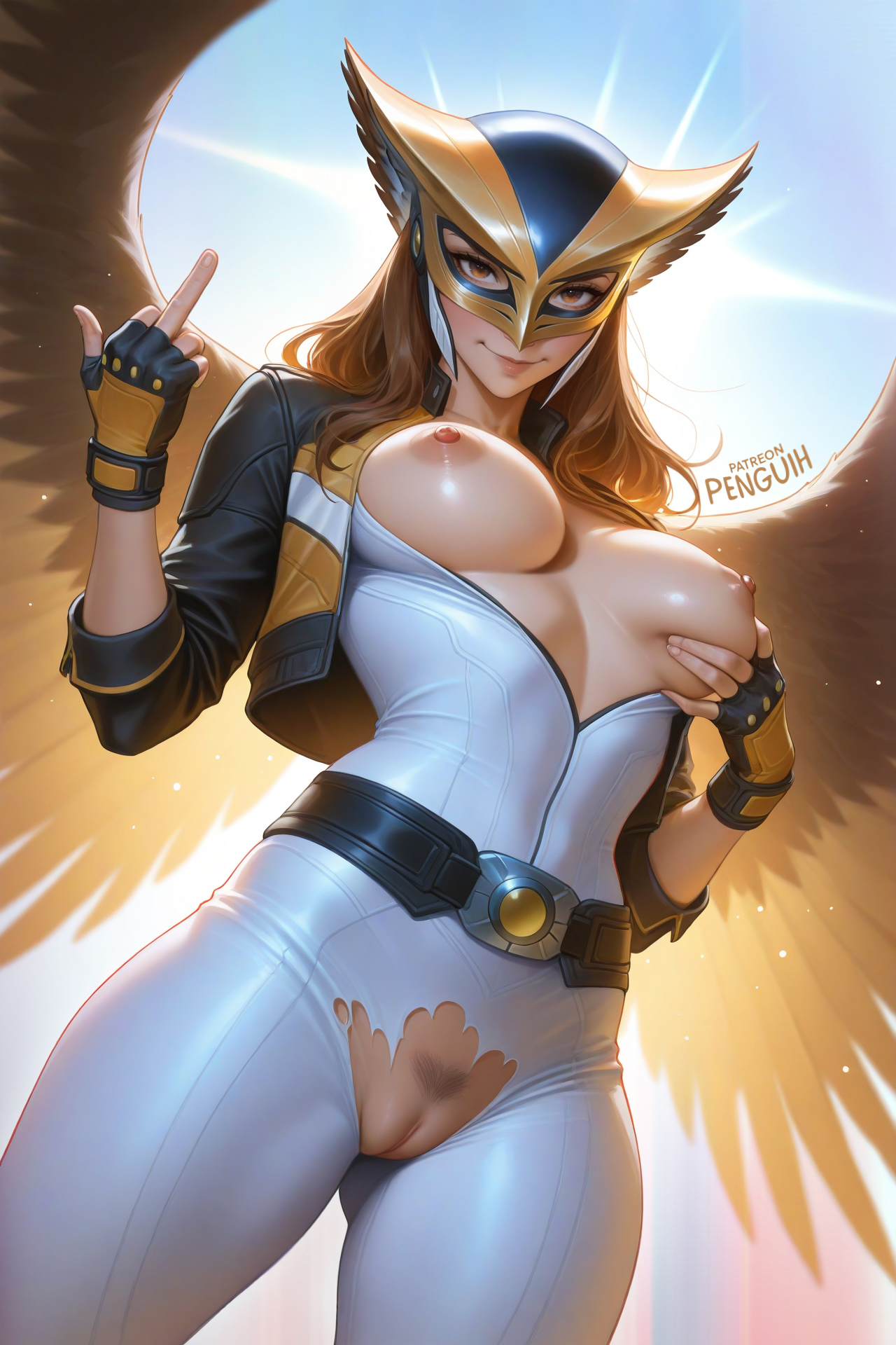 1girls, ai generated, belt, bodysuit, breast grab, breasts, breasts out, brown eyes, brown hair, cropped jacket, dc, dc comics, dcu, exposed breasts, exposed pussy, feathered wings, female, female only, fingerless gloves, gloves, grabbing breasts, hawkgirl, hawkgirl (dcu), helmet, hi res, isabela merced, justice league, kendra saunders, latina, mask, medium breasts, middle finger, nude, patreon username, penguih, peruvian female, pubic hair, pussy, ripped clothing, simple background, sky, smirk, solo, spread legs, superman (2025), superman (series), tongue, tongue out, torn clothes, vagina, winged humanoid, wings, yellow nails