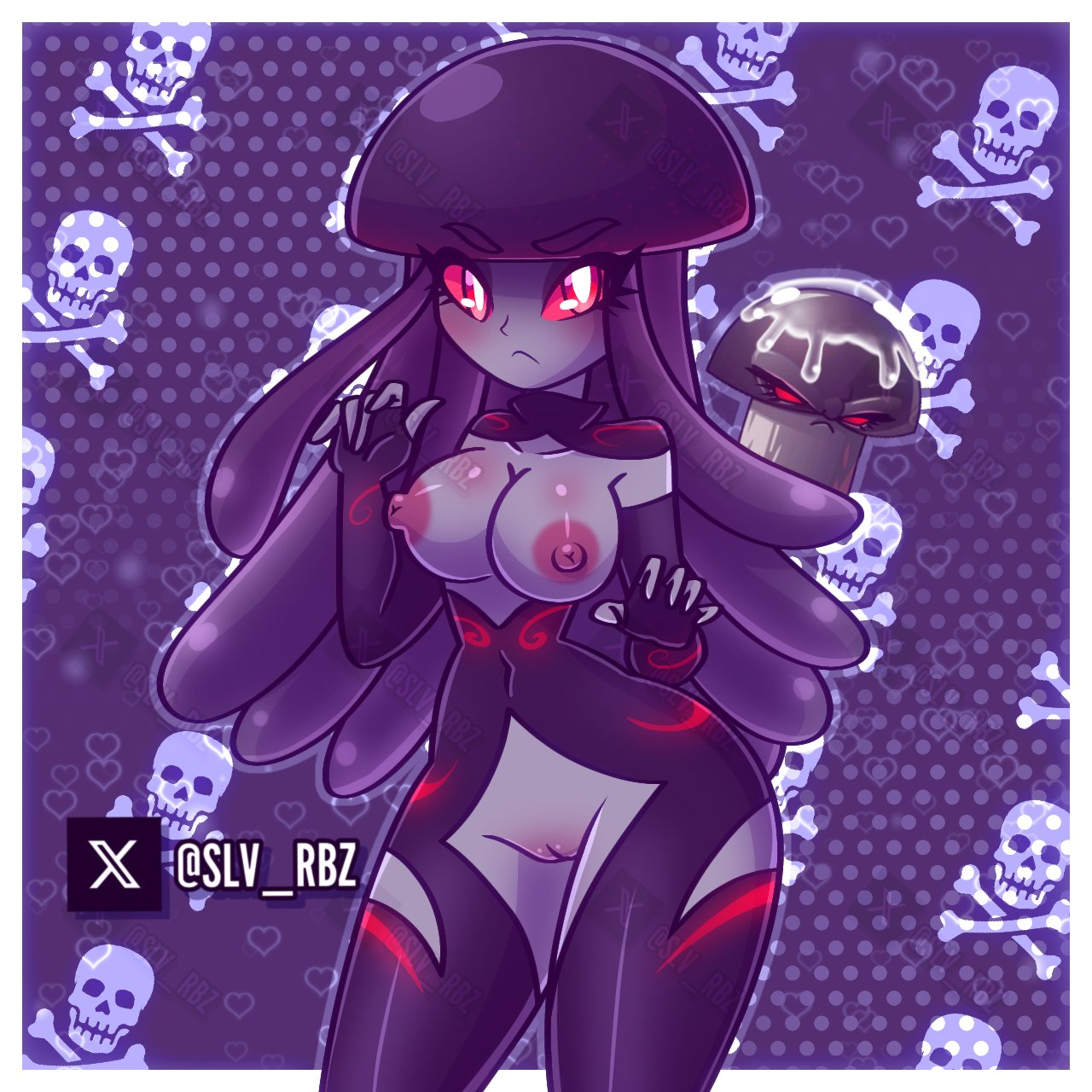 1girls, almost naked, black body, black hair, breasts, breasts out, cum, doom-shroom (pvz), female, female focus, female only, plants vs zombies, pussy, pussy juice, revealing clothes, slv rbz, tagme, thighs
