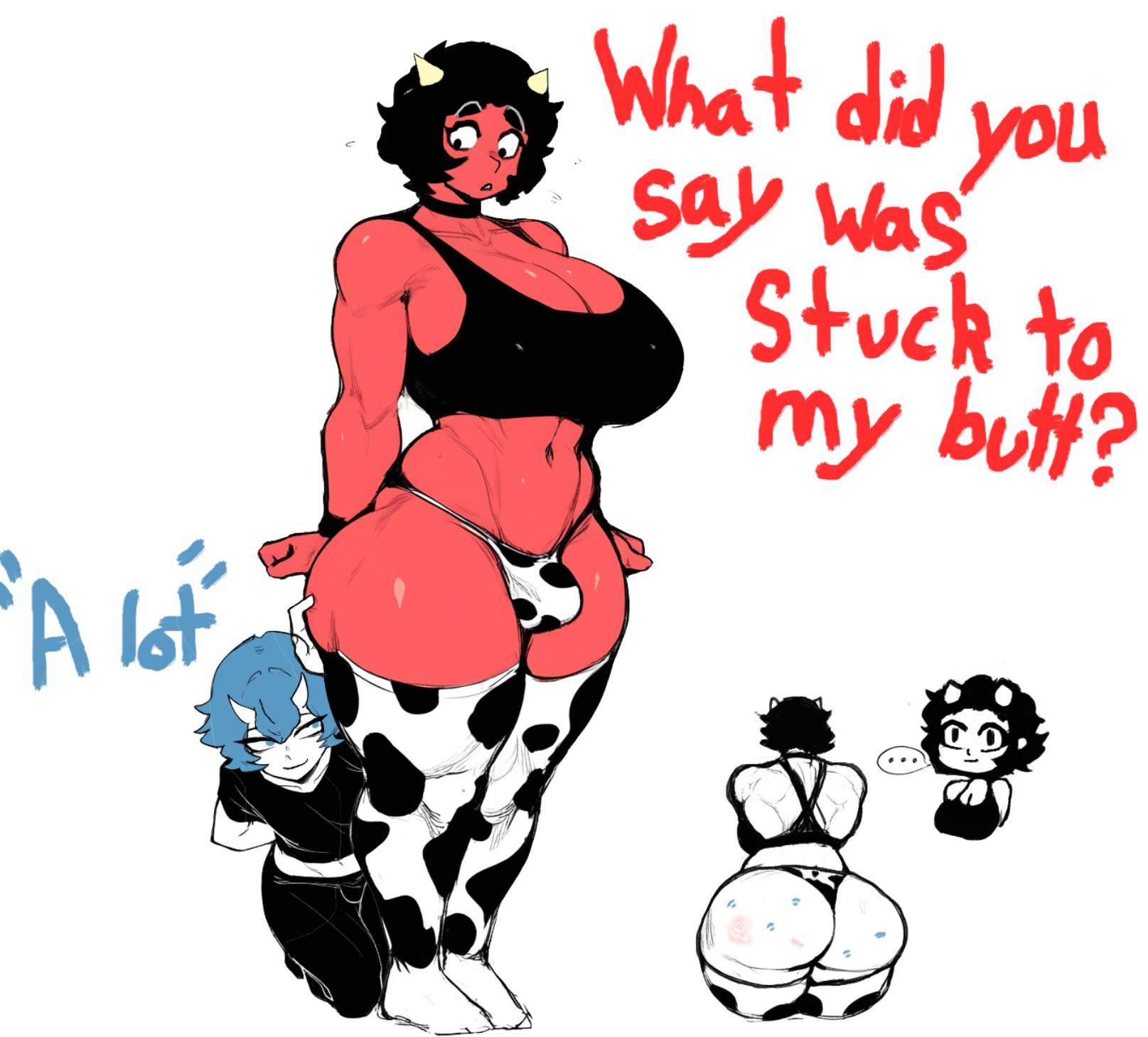 1boy, 1femboy, 1futa, 2d, ass, ass worship, belly, belly button, big ass, big breasts, blue hair, breasts, choker, cleavage, color, colored, cow print, cow print panties, cow print thighhighs, dialogue, english, english text, futa is bigger, futanari, hand on ass, hand on butt, hips, hips wider than shoulders, intersex, large ass, large breasts, male, midriff, mischievous z, original character, original characters, red body, red skin, smaller male, sports bra, squatting, standing, text, thick, thick thighs, thighs, waist, white background, wide hips