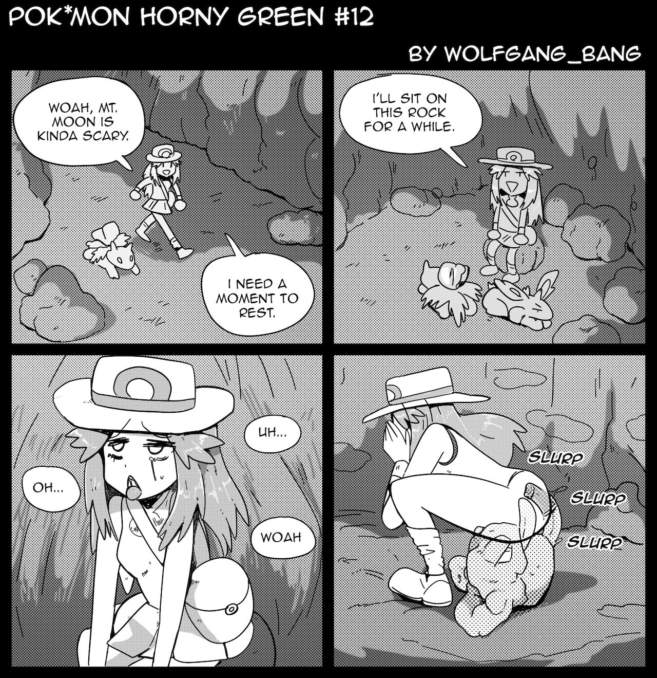 1girls, anal, ass, cave, comic, cunnilingus, double penetration, eating pussy, english text, facesitting, female, geodude, hat, human, ivysaur, leaf (pokemon), living sex toy, male, male pokemon/female human, moaning, monochrome, nidorino, penetration, penis, penis in ass, pleasure face, pokémon (species), pokemon, pokemon (species), pokemon frlg, pokemon horny green, pokephilia, pussy, sex, sitting, speech bubble, text, tongue, tongue fucking, tongue in pussy, wolfgang bang