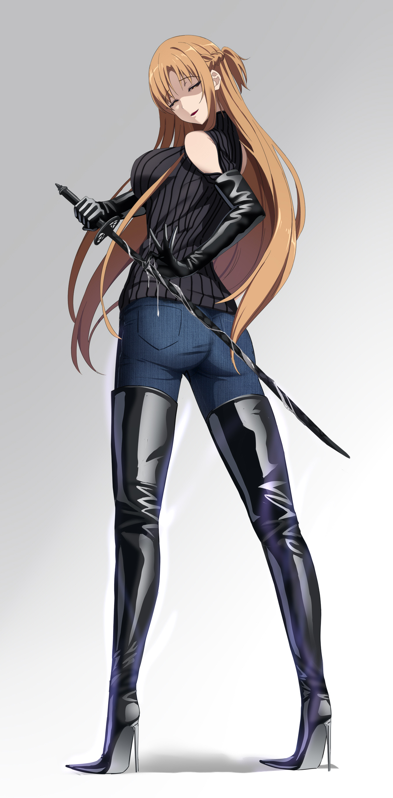 1girls, big breasts, boot fetish, boots, breasts, canon couple, clothed female, clothing, cum on gloves, dominant female, elbow gloves, female, female only, femdom, gentle femdom, gentle mommy, gloves, high heel boots, high heels, jeans, kirigaya kazuto, leather, leather boots, leather gloves, long gloves, long legs, looking at viewer, mommy, mommy dom, offscreen character, stiletto boots, stiletto heels, sword art online, tall female, teasing, thigh boots, thigh highs, thighhigh boots, thighhighs, thighs, voidmaki, yuuki asuna