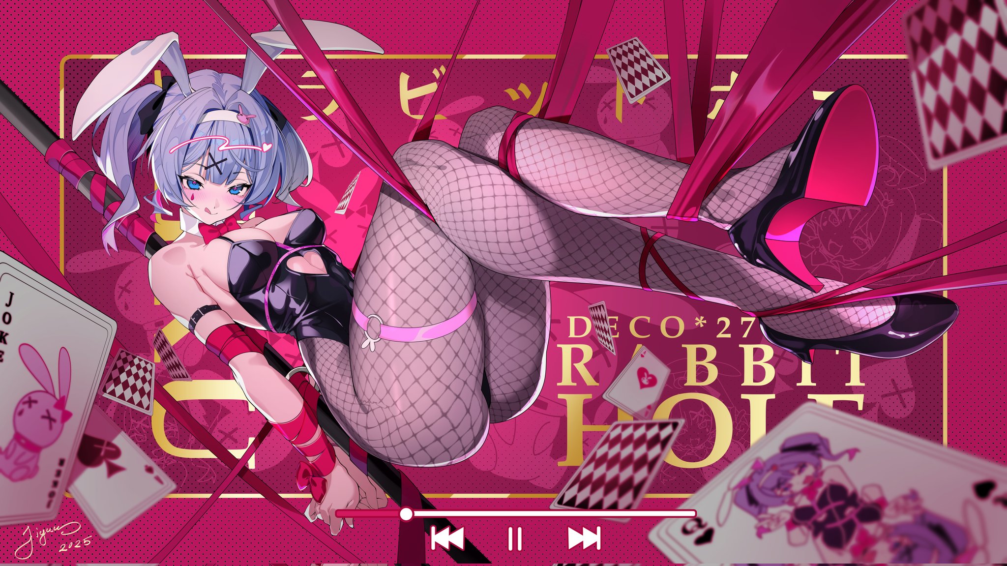 1girl, animal ears, ass, bare shoulders, bdsm, big ass, big breasts, black footwear, black leotard, blue eyes, blue hair, blush, bondage, bound, bow, bowtie, breasts, bunny ears, bunny girl, bunny tail, bunnysuit, card, fake animal ears, female, fishnet pantyhose, fishnets, footwear, hair intakes, hatsune miku, heart, high heels, huge thighs, jiyuu, leotard, looking at viewer, medium breasts, pantyhose, pink hair, playboy bunny, playing card, purple hair, rabbit ears, rabbit hole (vocaloid), restrained, ribbon, solo, strapless, strapless leotard, thighs, tongue, tongue out, twintails, vocaloid