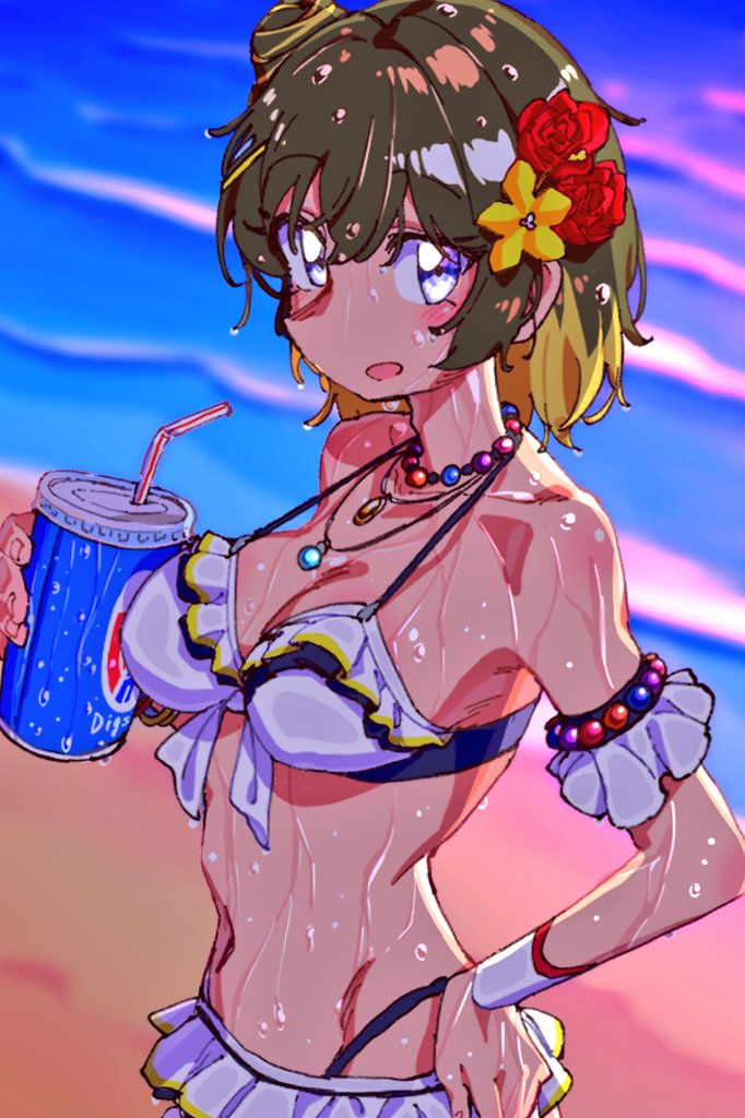 akashi_maho big_breasts d4dj drenched kokutoumaru1108 soda swimsuit wet_body