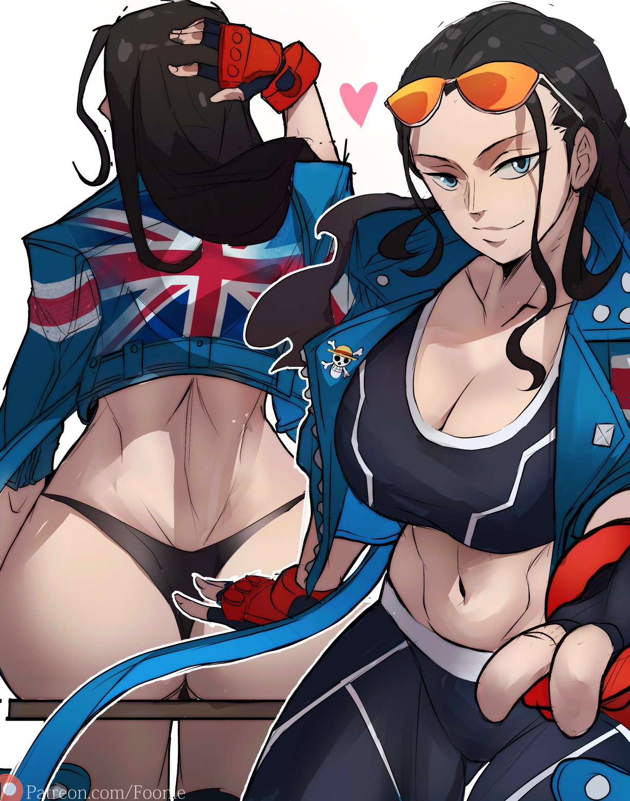 1girls ass big_ass big_breasts black_hair blue_eyes blue_jacket breasts cammy_white cammy_white_(cosplay) cleavage cosplay female female_only foonie_xd gloves hi_res i’m jacket large_ass large_breasts looking_at_viewer midriff nico_robin one_piece post-timeskip shonen_jump shueisha solo street_fighter street_fighter_6 sunglasses sunglasses_on_head thighs thong twitter_link union_jack weekly_shonen_jump weekly_shounen_jump white_background wide_hips