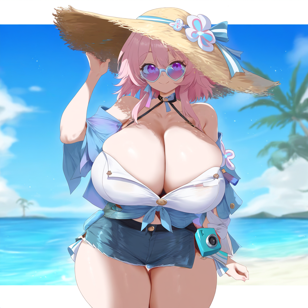 ai_generated ameanon beach big_breasts breasts cleavage denim_shorts honkai:_star_rail huge_breasts large_breasts looking_over_eyewear looking_over_sunglasses march_7th_(honkai:_star_rail) mihoyo pink_hair shorts straw_hat sunglasses thick_thighs tinted_eyewear