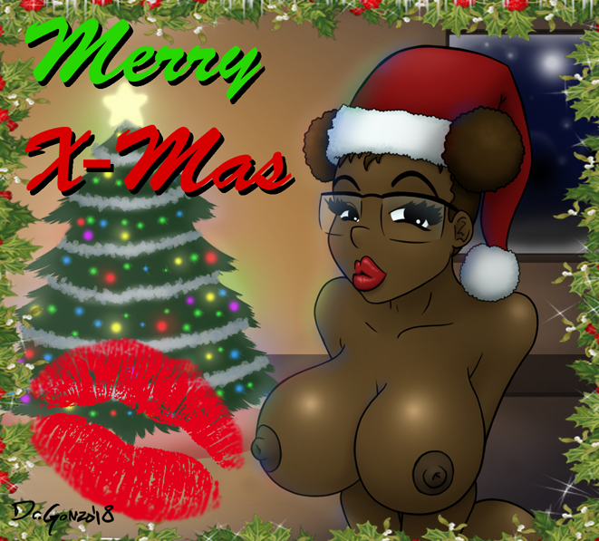 afro artist_name artist_signature breasts christmas christmas_tree dark-skinned_female dark_nipples dark_skin decorations drgonzo eyelashes female female glasses headshot_portrait holidays huge_breasts kiss_mark lipstick looking_at_viewer oc santa_hat solo tree twintails