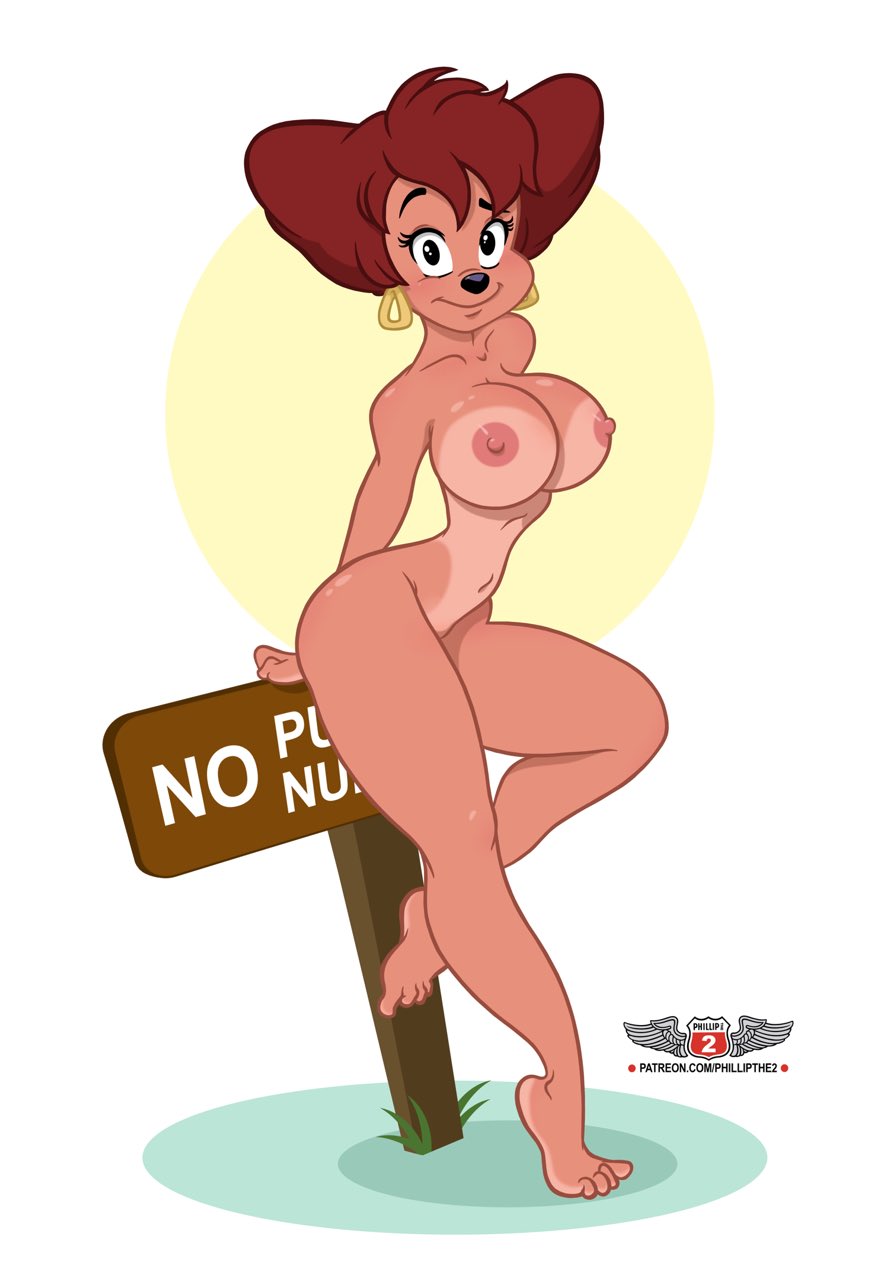 1girls areola areolae black_eyes breasts disney earrings feline feline_humanoid female female_anthro female_only gold_earrings gold_jewelry goof_troop huge_breast milf nude nude_female pale_skin peg_pete phillipthe2 red_fur red_hair redhead sign tagme