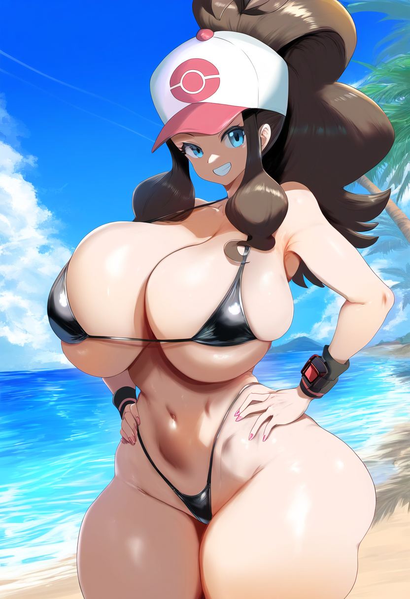 ai_generated ameanon ass beach big_ass big_breasts bikini bikini_top black_bikini blue_eyes breasts brown_hair cleavage hands_on_hip hilda_(pokemon) huge_breasts large_breasts nintendo pokemon ponytail sideboob thick_thighs underboob