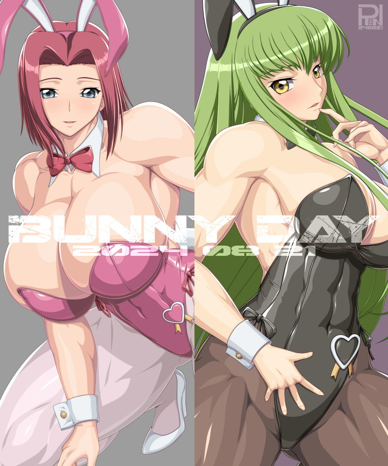 2girls big_breasts blue_eyes blush breast_size_difference breasts_bigger_than_head bunny_ears bunnysuit c.c. cleavage code_geass crouching duo female golden_eyes green_eyes high_heels kallen_stadtfeld looking_at_viewer medium_hair muscular_female red_hair ren_(tainca2000) side_view sideboob skimpy_clothes smile thunder_thighs