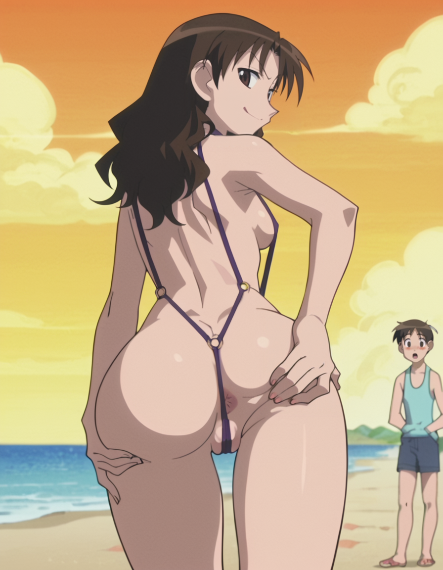 1boy ai_generated aizumanga anus_peek ass_grab ass_spread azumanga_daiou beach exhibitionism female naughty_face pink_anus public sling_bikini sling_bikini_aside slingshot_swimsuit smug teacher yukari_tanizaki