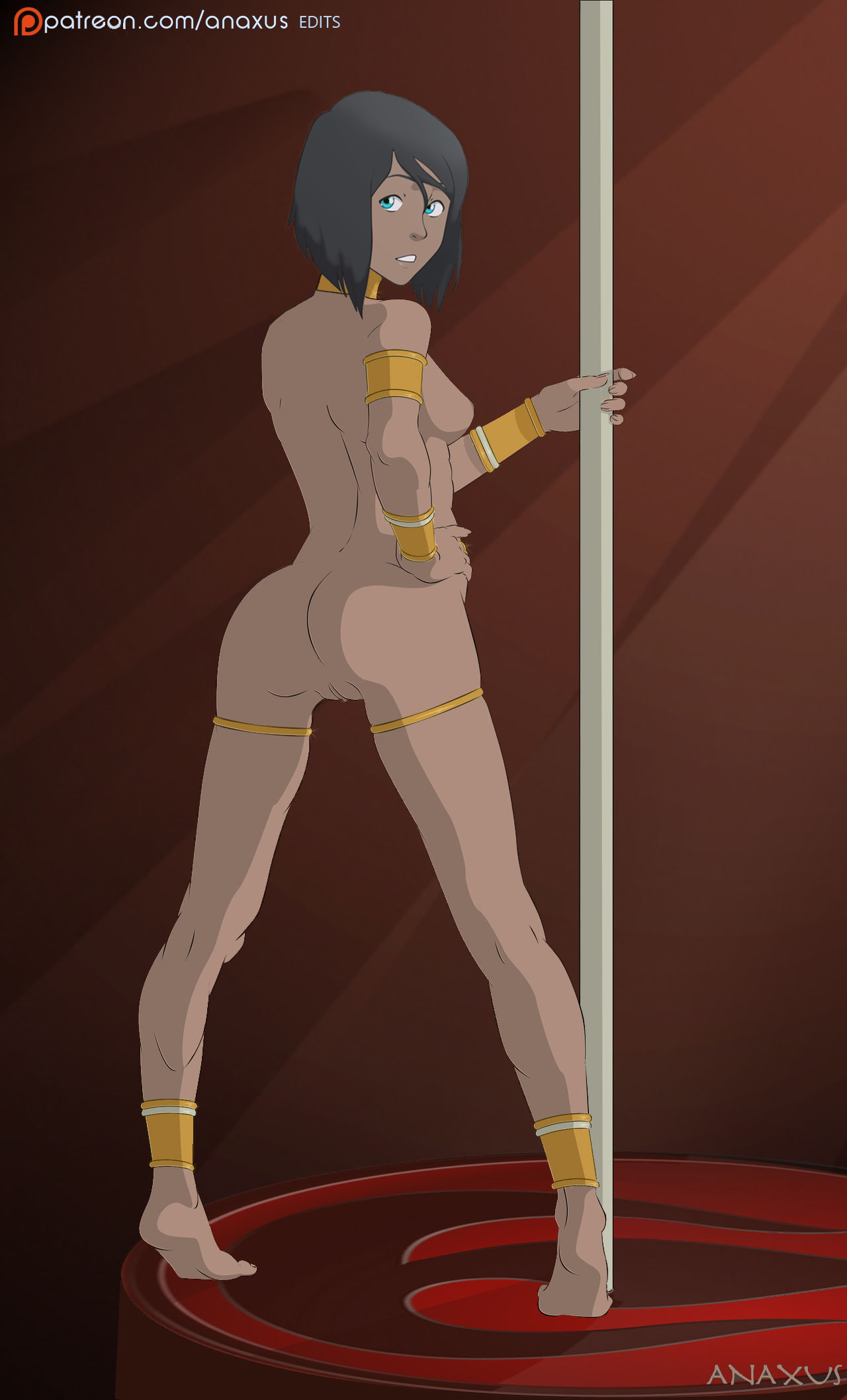 1girls, anaxus, anus, avatar legends, back view, blue eyes, breasts, brown hair, dark skin, dark-skinned female, edit, female, hand on hip, korra, leg cuffs, looking at viewer, looking back, pole, pole dancing, pussy, small breasts, solo, standing, stripper pole, surprised, the avatar, the legend of korra, water tribe, wrist cuffs