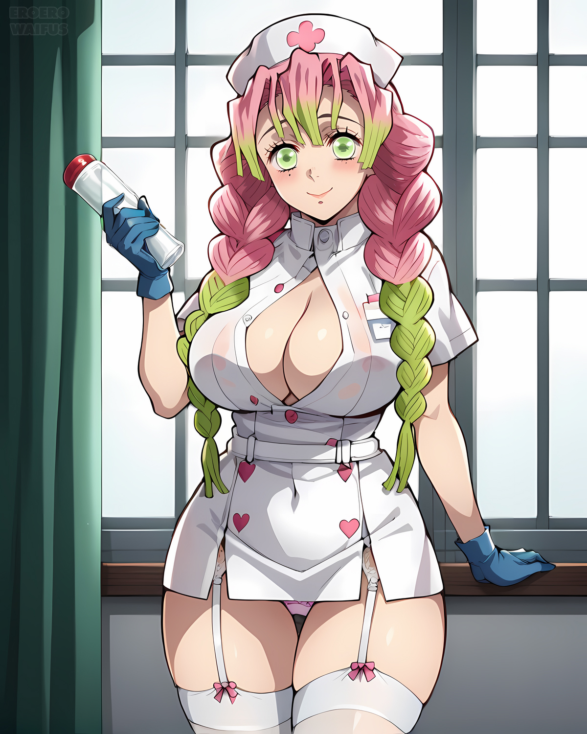 ai generated, bare legs, braided ponytail, breasts, demon slayer, eroero waifus, female, gigantic breasts, gloves, green eyes, huge breasts, huge thighs, kanroji mitsuri, kimetsu no yaiba, light skin, light-skinned female, looking at viewer, massive breasts, multicolored hair, nurse, nurse cap, nurse uniform, panties, pink hair, shounen jump, smiling, solo female, thick body, thick female, thick thighs, thighs, voluptuous, voluptuous female