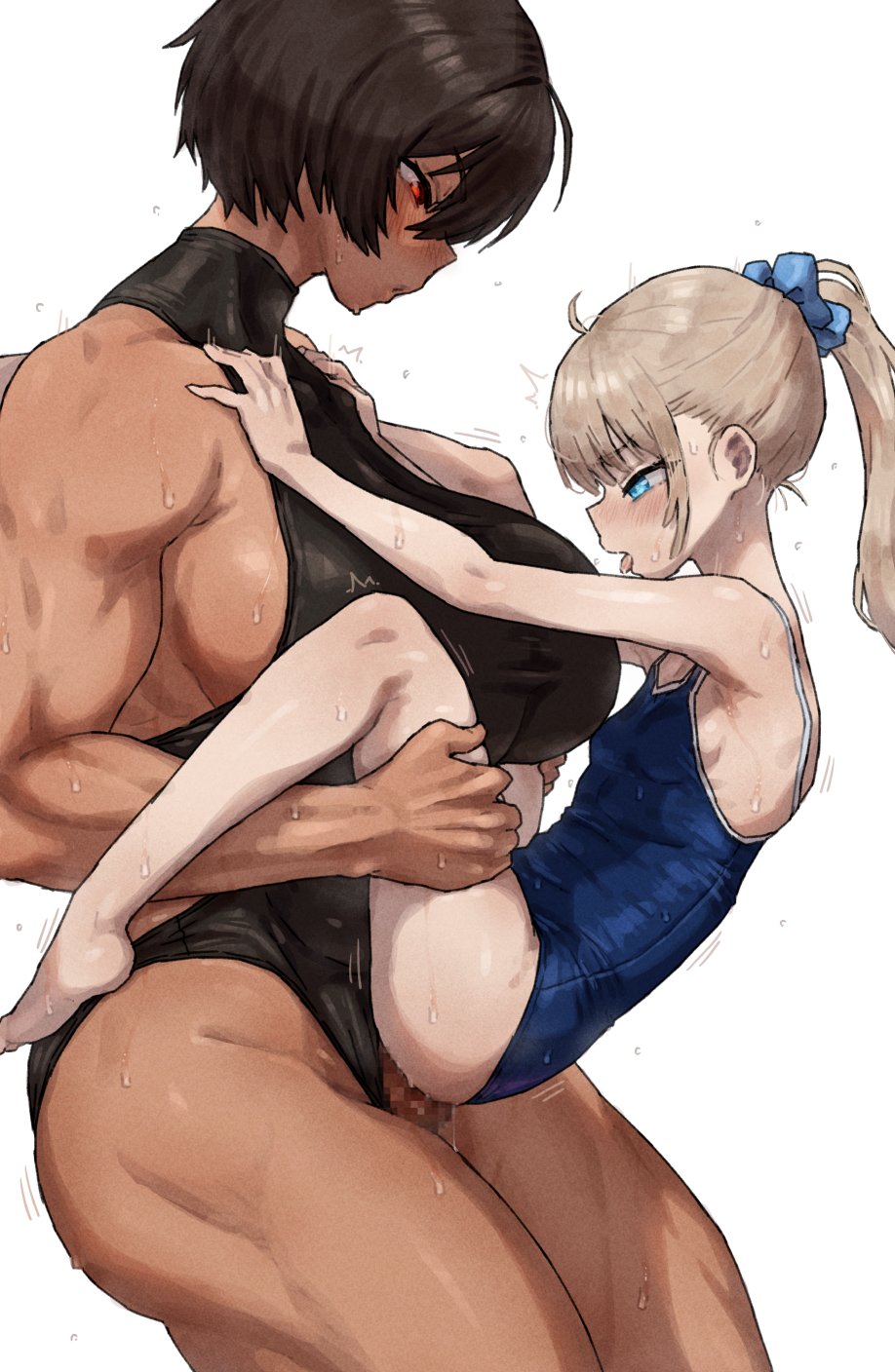 1futa 1girls blonde_hair blue_eyes bottomless breasts brown_hair carrying carrying_person clothed clothing competition_school_swimsuit dark-skinned_futanari dark_skin duo female futa_on_female futa_with_female futanari gym_uniform hands_on_another's_thighs height_difference highres human humping kei_(m_k) large_breasts light-skinned_female light_skin long_hair m_k multiple_girls original partially_clothed ponytail red_eyes rika_(m_k) school_swimsuit short_hair simple_background size_difference standing sweat swimsuit tall tall_female tan tomboy