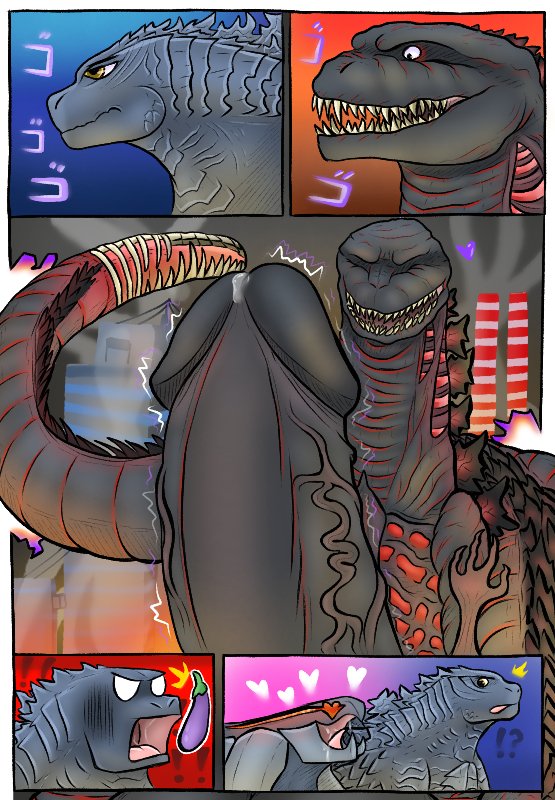 2021 chayason8 comic erection female godzilla godzilla_(series) gojirag humanoid_penis kaiju male massive_unidentified_terrestrial_organism monster monsterverse muto_(godzilla) muto_female_(godzilla) open_mouth penis shin_godzilla simple_background smile straight toho