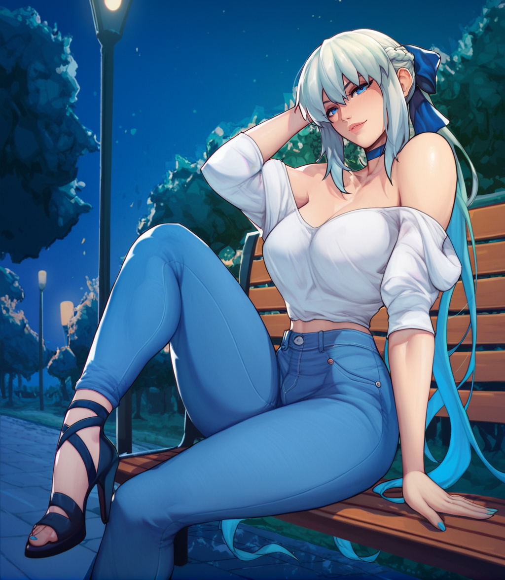 4narch157 ai_generated bare_shoulders blue_eyes denim fate/grand_order fate_(series) female grey_hair hairbow heels high_heels high_waisted_jeans high_waisted_pants jeans large_breasts long_hair looking_at_viewer morgan_le_fay_(fate) night outdoors pants smile solo tight_pants