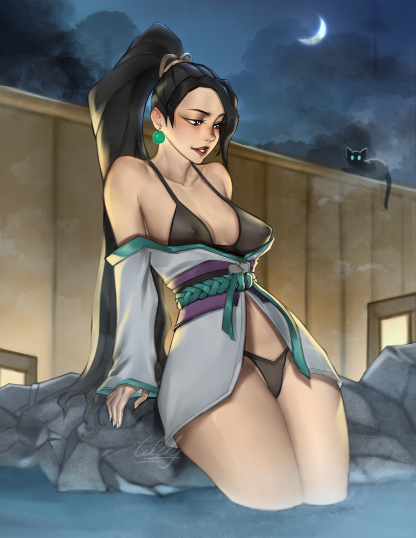 black_bra black_panties celdy chinese_clothes chinese_female cleedo07 earrings female female_only ling_ying_wei long_hair moon nipples nipples_visible_through_clothing onsen revealing_clothes riot_games sage_(valorant) solo solo_female tagme valorant