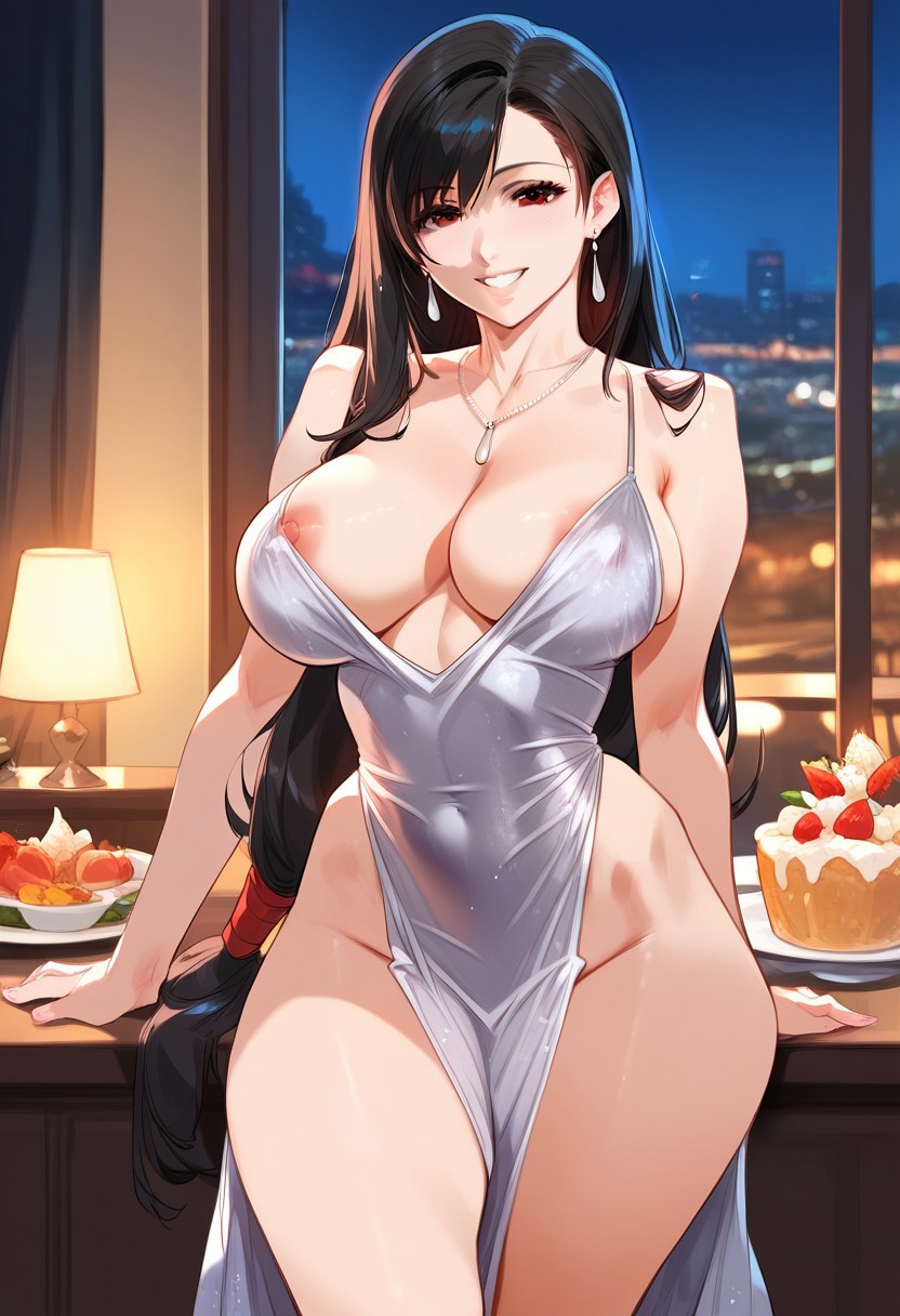 2d ai_generated big_breasts black_hair cleavage dress female_focus female_only final_fantasy final_fantasy_vii indoors long_hair nipple_slip short_dress silver_dress solo solo_female solo_focus square_enix tagme tifa_lockhart