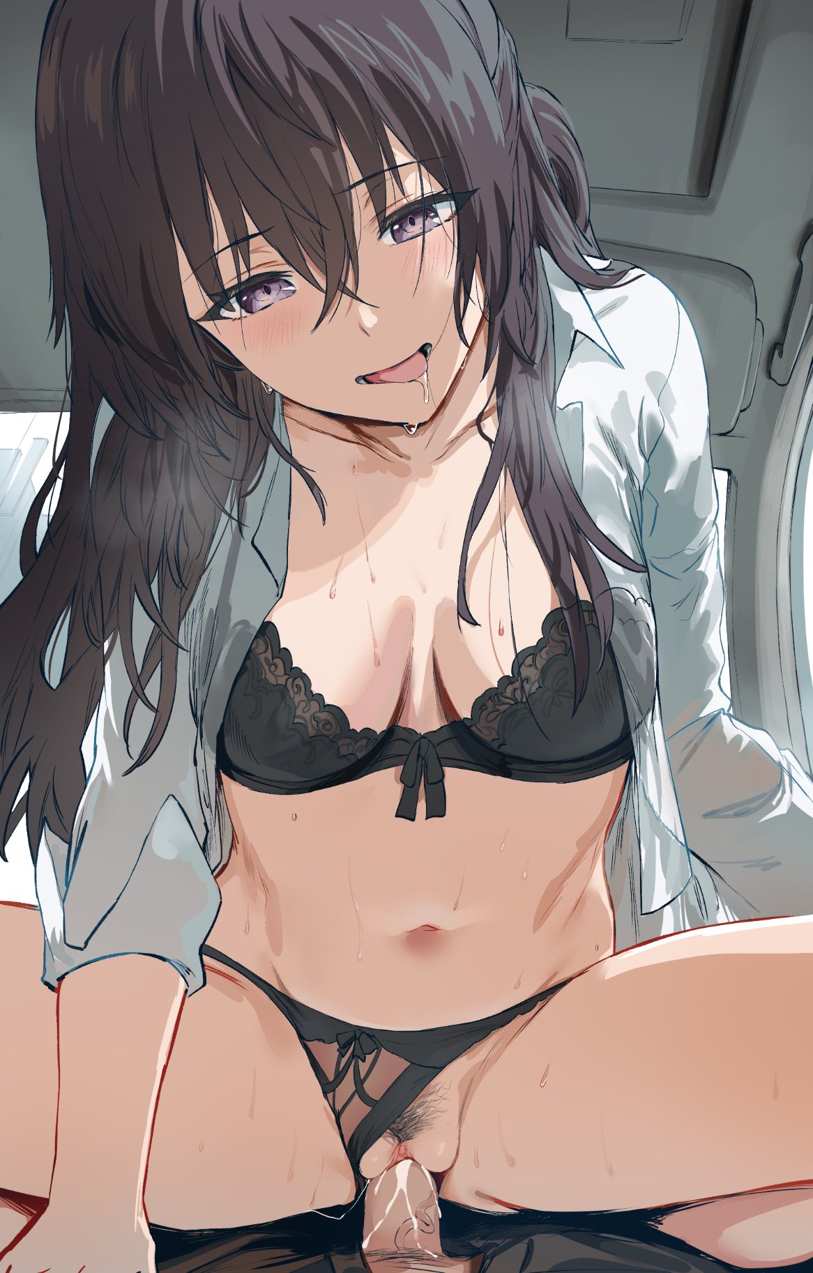 1boy black_bra black_panties bra breasts brown_hair car car_sex clothing_aside cowgirl_position female grey_eyes hews hews_hack highres implied_incest kuze_masachika large_breasts long_hair long_sleeves looking_at_viewer navel open_clothes open_mouth open_shirt panties panties_aside pov saliva sex shirt stomach straddling straight suou_yuki sweat tokidoki_bosotto_russian_de_dereru_tonari_no_alya-san tongue tongue_out underwear vehicle_interior white_shirt