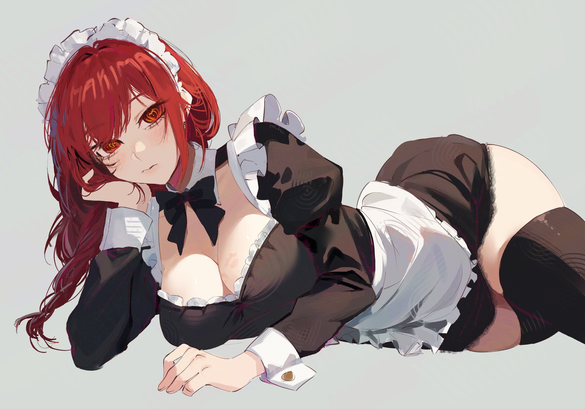 blush, chainsaw man, cleavage, exposed thighs, female, kiss mark, kiss mark on chest, laying on side, looking at viewer, maid uniform, makima (chainsaw man), ms tsukii, red eyes, red hair, thighhighs, thighs
