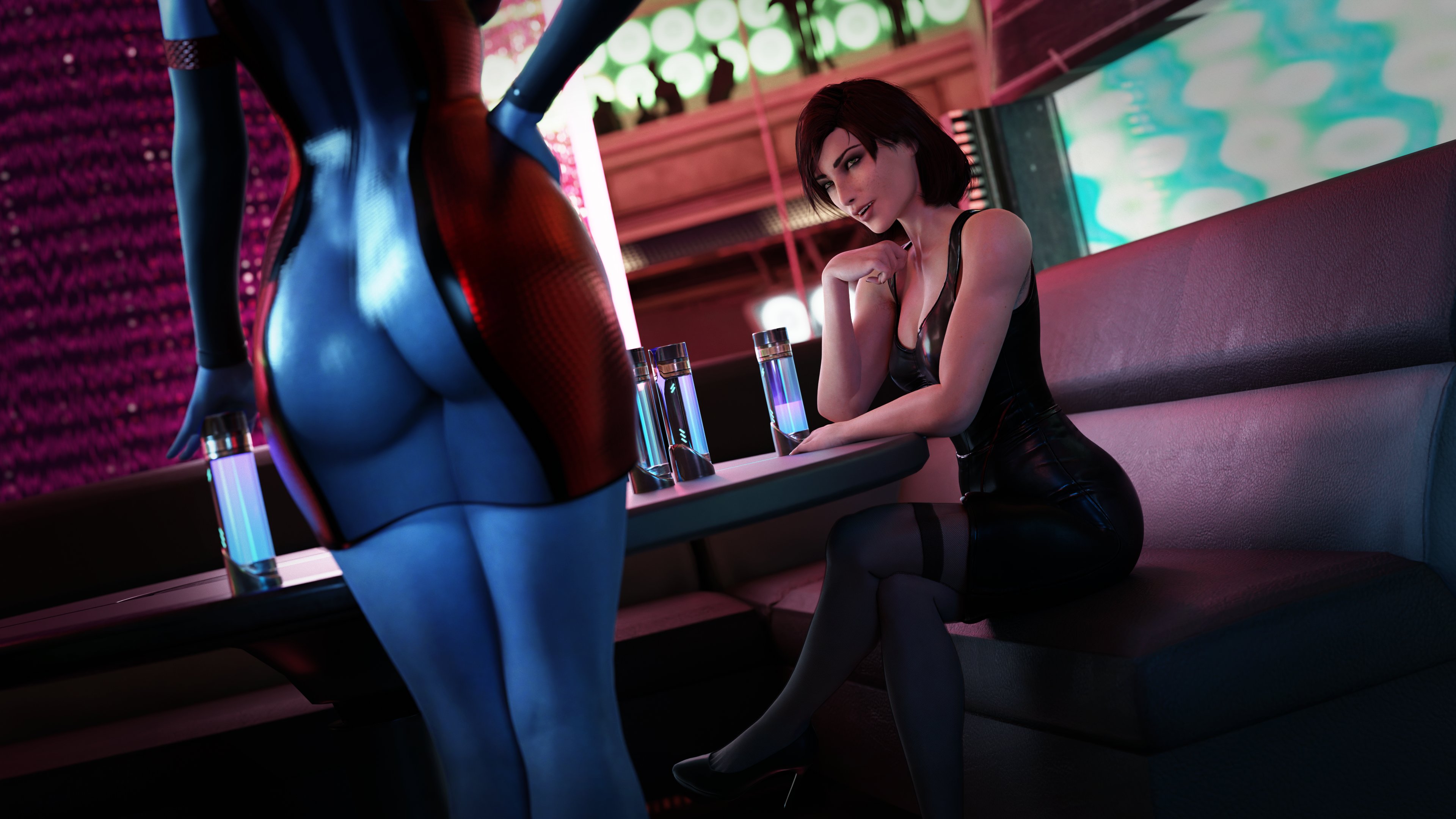 2girls, 3d, alien, alien girl, alien humanoid, asari, ass, ass focus, ass visible through clothes, commander shepard, female, female only, femshep, imminent rape, imminent sex, intersex, mass effect, red hair, transparent clothing