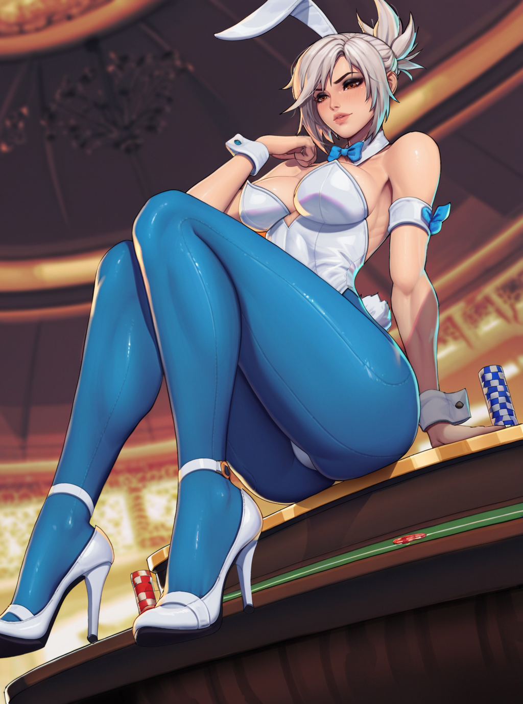 4narch157 ai_generated big_ass big_breasts blue_pantyhose brown_eyes bunny_ears bunny_tail bunnysuit casino fake_animal_ears fake_tail heeled_shoes heels high_heels league_of_legends riven white_bunnysuit white_hair