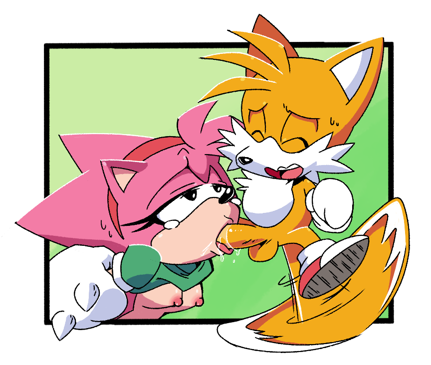 amy_rose balls breasts classic_amy_rose classic_tails exposed_torso footwear handwear humanoid knuckles_the_echidna leatherruffian oral penis sega sonic_(series) sonic_cd sonic_the_hedgehog_(series) tails tears threesome