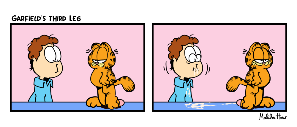 2_panel_comic comic comic_strip cum cum_in_mouth english_text garfield_(series) garfield_the_cat gay jon_arbuckle malibu_hour motion_lines non-human parody penis text toony