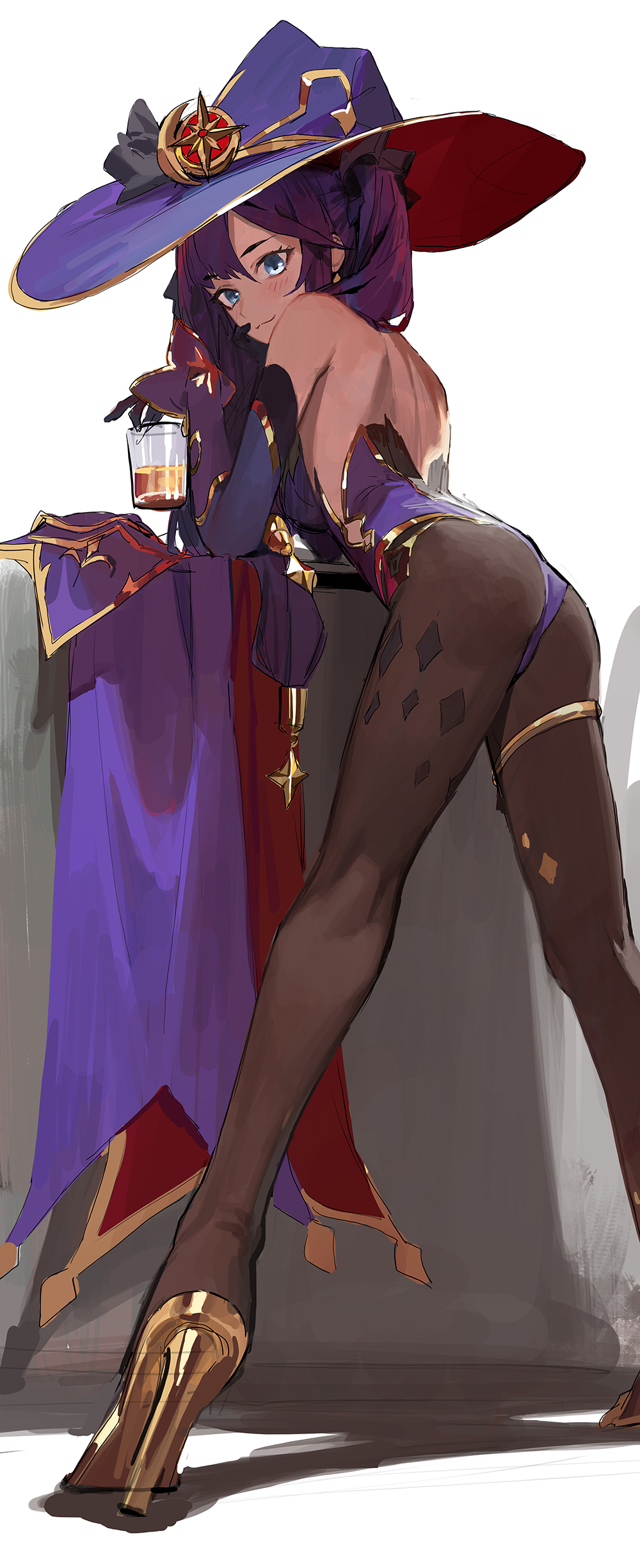 ass, big ass, breasts, cleavage, female, female focus, female only, genshin impact, jeonghee1414, long hair, mona (genshin impact), small ass, small breasts, thick thighs, white skin, wide hips