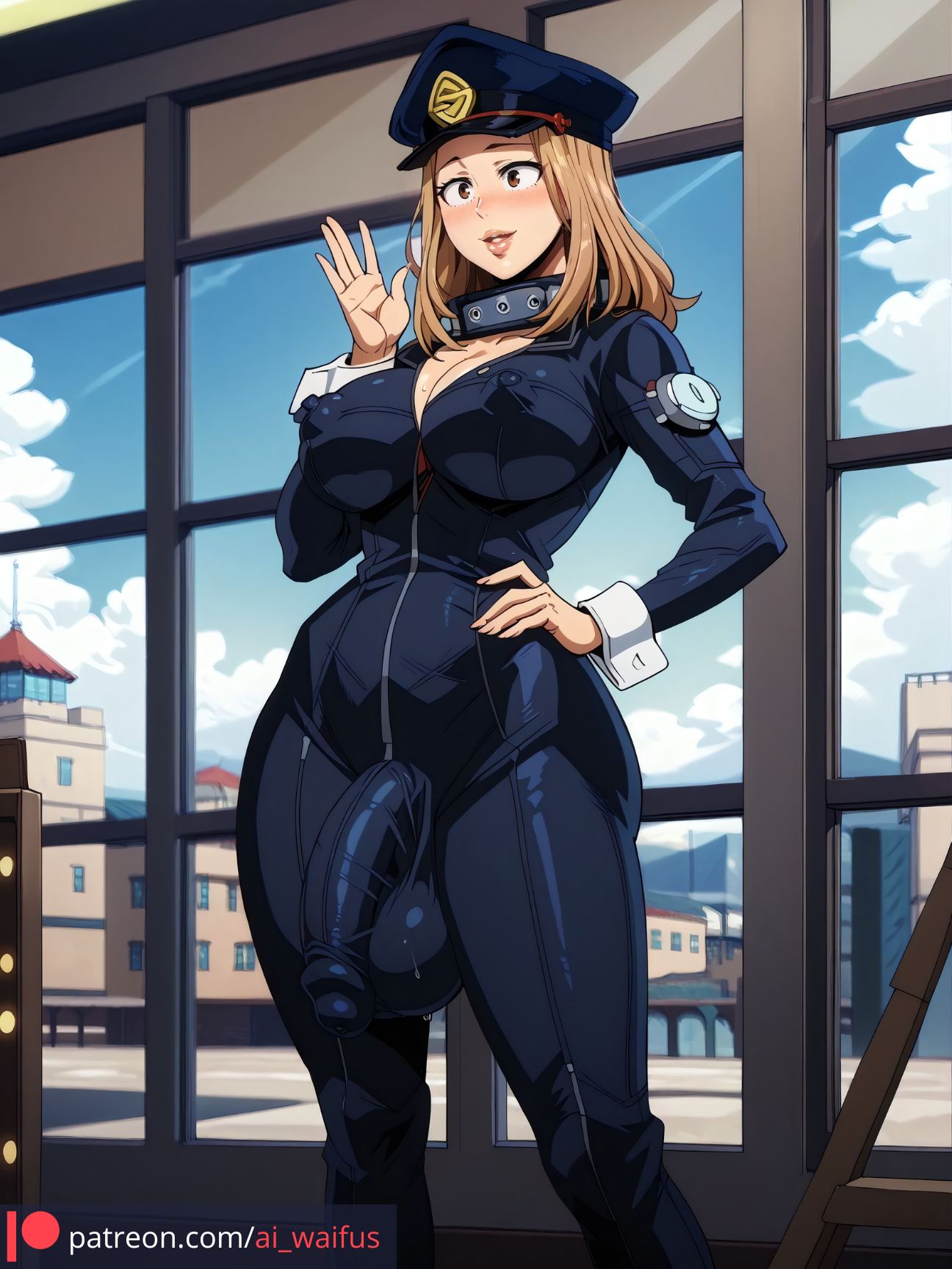 1futa ai_generated ai_waifus_ big_ass big_balls big_breasts big_penis camie_utsushimi futanari hand_on_hip looking_at_another my_hero_academia solo solo_futa