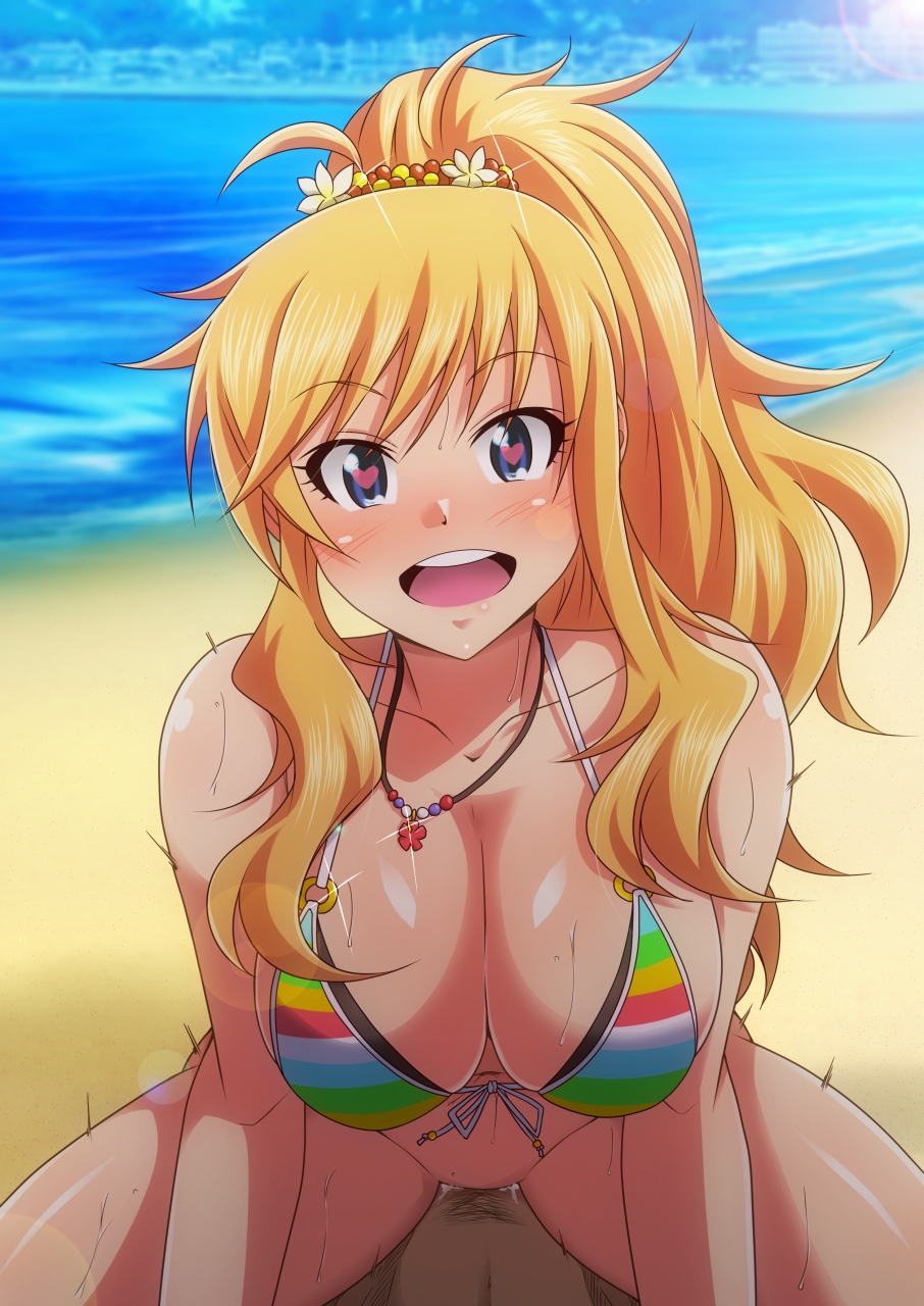 1boy beach blonde_hair blue_eyes bottomless breasts cleavage collarbone commentary_request cowgirl_position cum cum_in_pussy day female front-tie_top happy_sex heart heart-shaped_pupils highres idolmaster idolmaster_cinderella_girls jewelry large_breasts long_hair looking_at_viewer motion_lines necklace o-ring o-ring_top ocean ootsuki_yui pov_crotch pubic_hair rainbow_bikini sex sidelocks solo_focus sparkle straddling striped_bikini_top sweat swimsuit symbol-shaped_pupils tanuki_(metaltanuki) vaginal_penetration