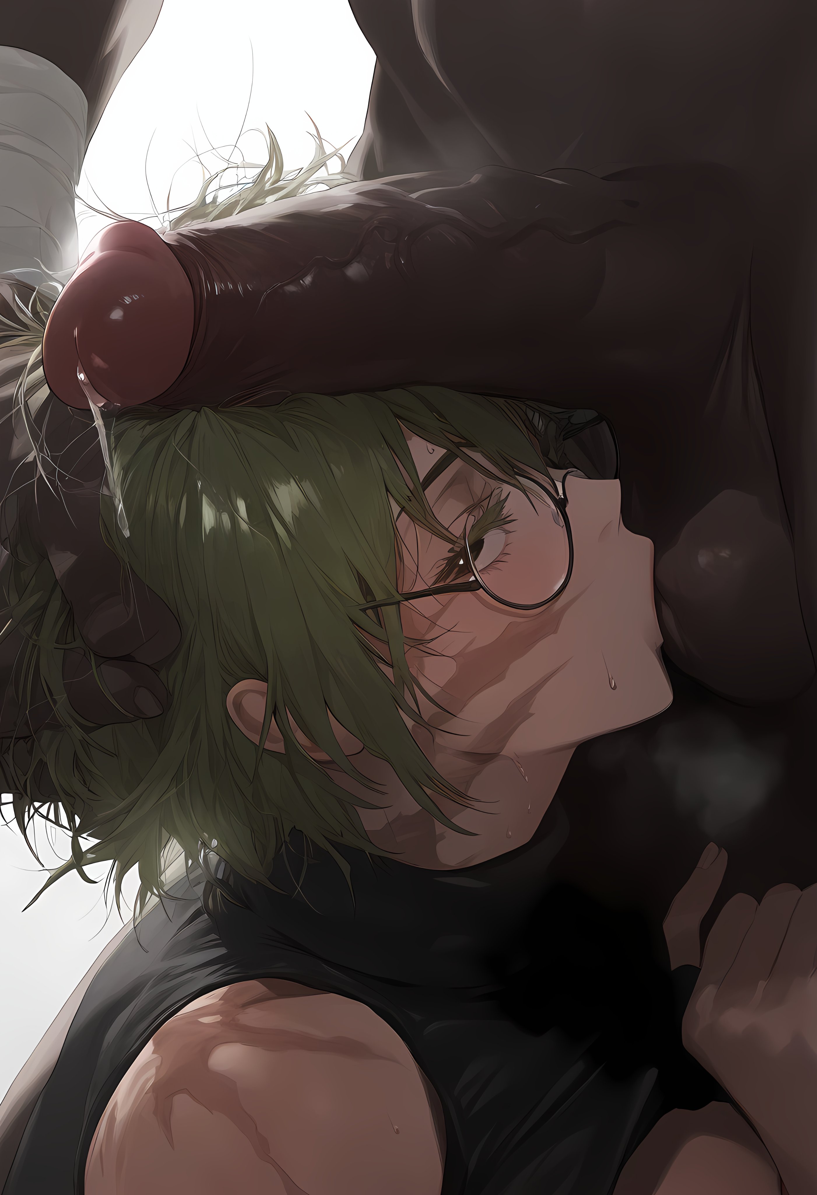 ai generated, asian female, balls, dark skin, dark-skinned male, female, glasses, green hair, interracial, jujutsu kaisen, light skin, light-skinned female, male, oral sex, scars, short hair, sucking balls, zenin maki