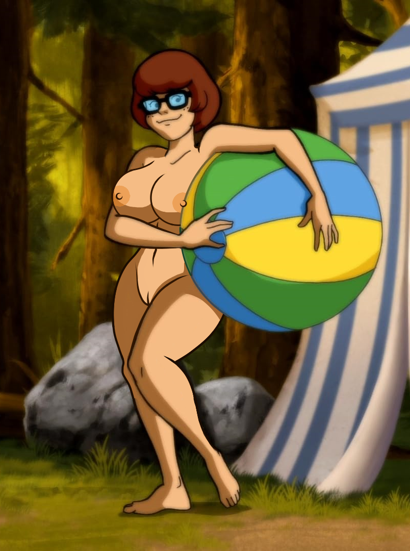 beachball breasts brown_hair casual completely_nude completely_nude_female edit female female_focus female_only freckles freckles_on_face glasses glasses_only human naked naked_female nipples nude pale_skin pinup_pose renajon scooby-doo scooby-doo!_camp_scare screenshot screenshot_edit solo_female solo_focus vagina velma_dinkley