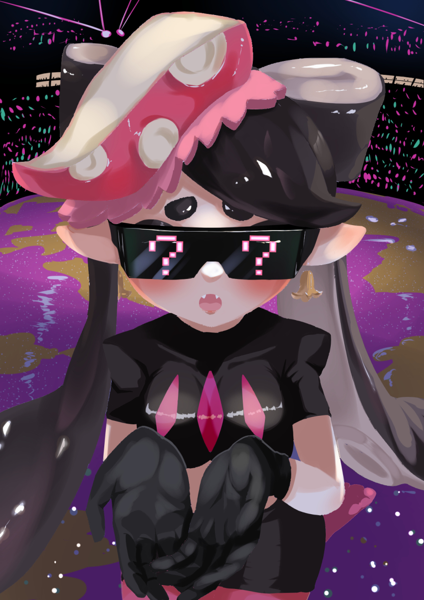 1girls black_hair blush callie_(splatoon) confused earrings fangs female_only femsub gloves hypno_shades_(splatoon) hypnoshades mind_control nintendo octo_callie open_mouth owariritumi ritsumi splatoon splatoon_(series) splatoon_2 splatoon_2:_octo_canyon standing sunglasses tech_control tinted_eyewear twintails visor visorumi