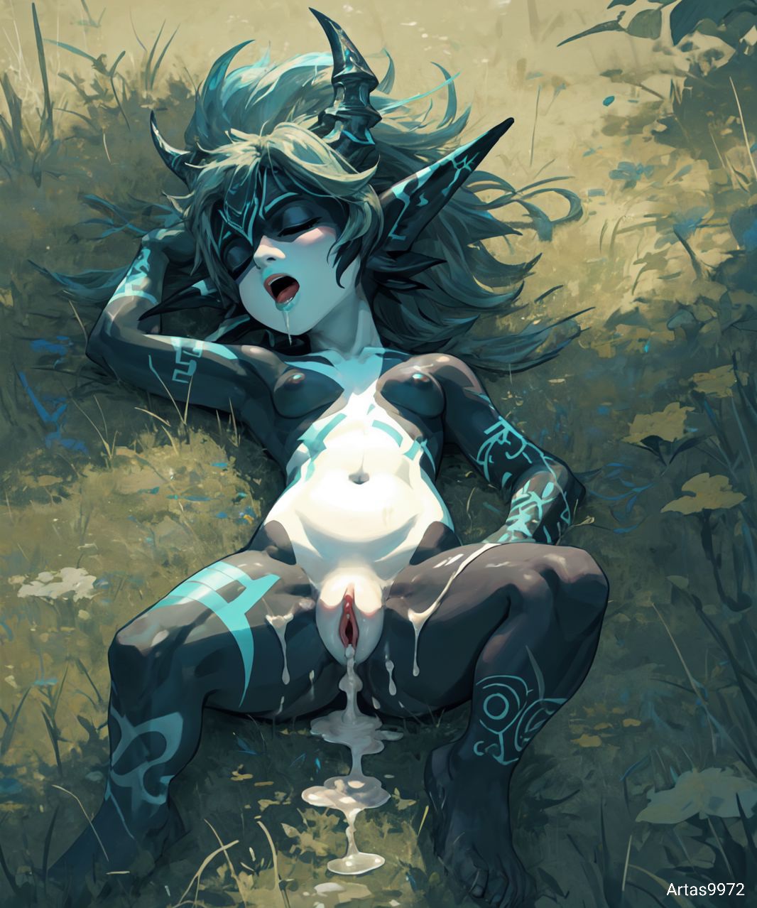 1girls, after sex, after vaginal, ai generated, artas9972, breasts, cum, cum in pussy, cum inside, female, female only, imp midna, midna, pussy, small breasts, solo, the legend of zelda, twilight princess