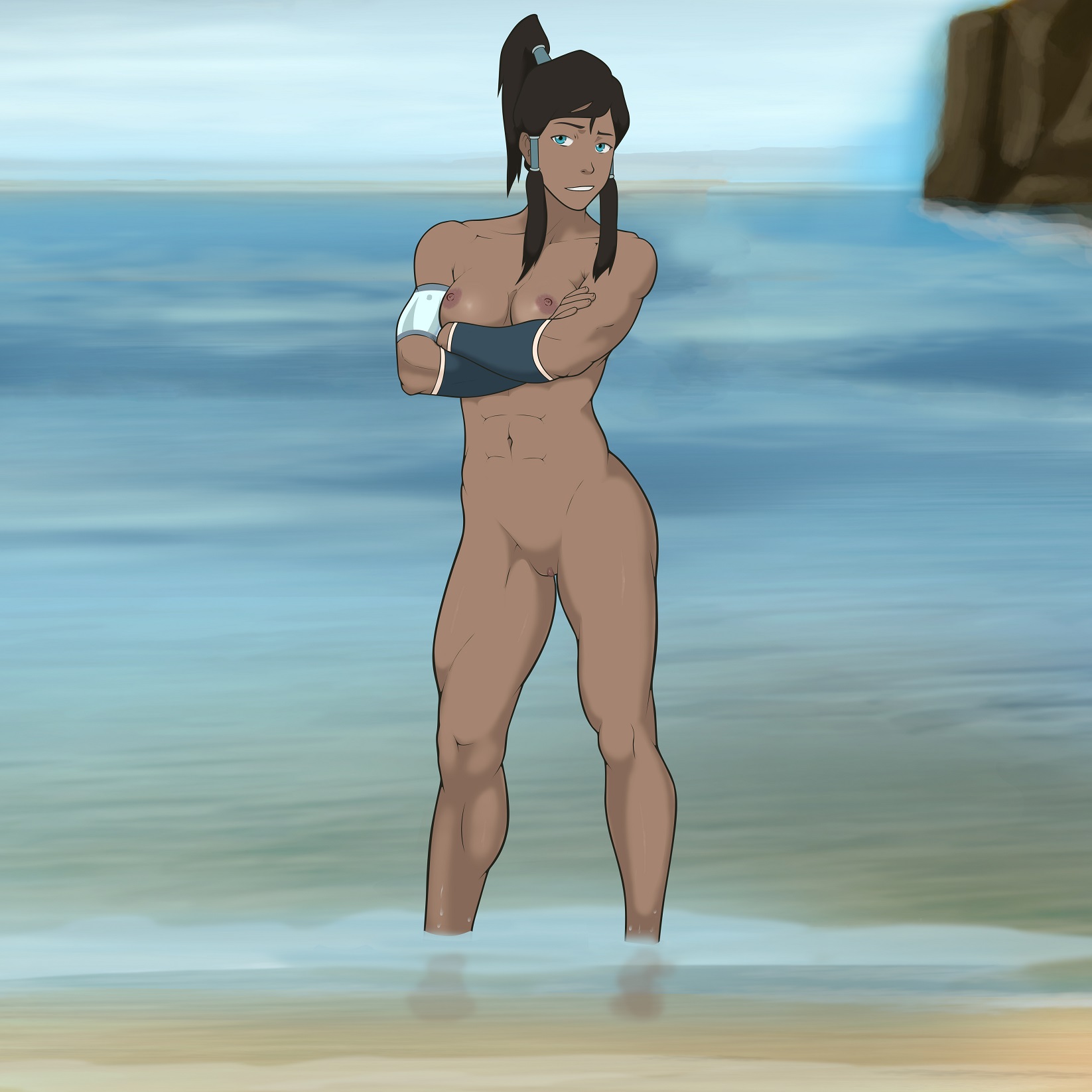 1girls, anaxus, avatar legends, beach, blue eyes, breasts, brown hair, casual, crossed arms, dark skin, dark-skinned female, female, human, korra, long hair, looking at viewer, medium breasts, naked, nipples, ocean, ponytail, public, pussy, smiling, solo, standing, the avatar, the legend of korra, water, water tribe