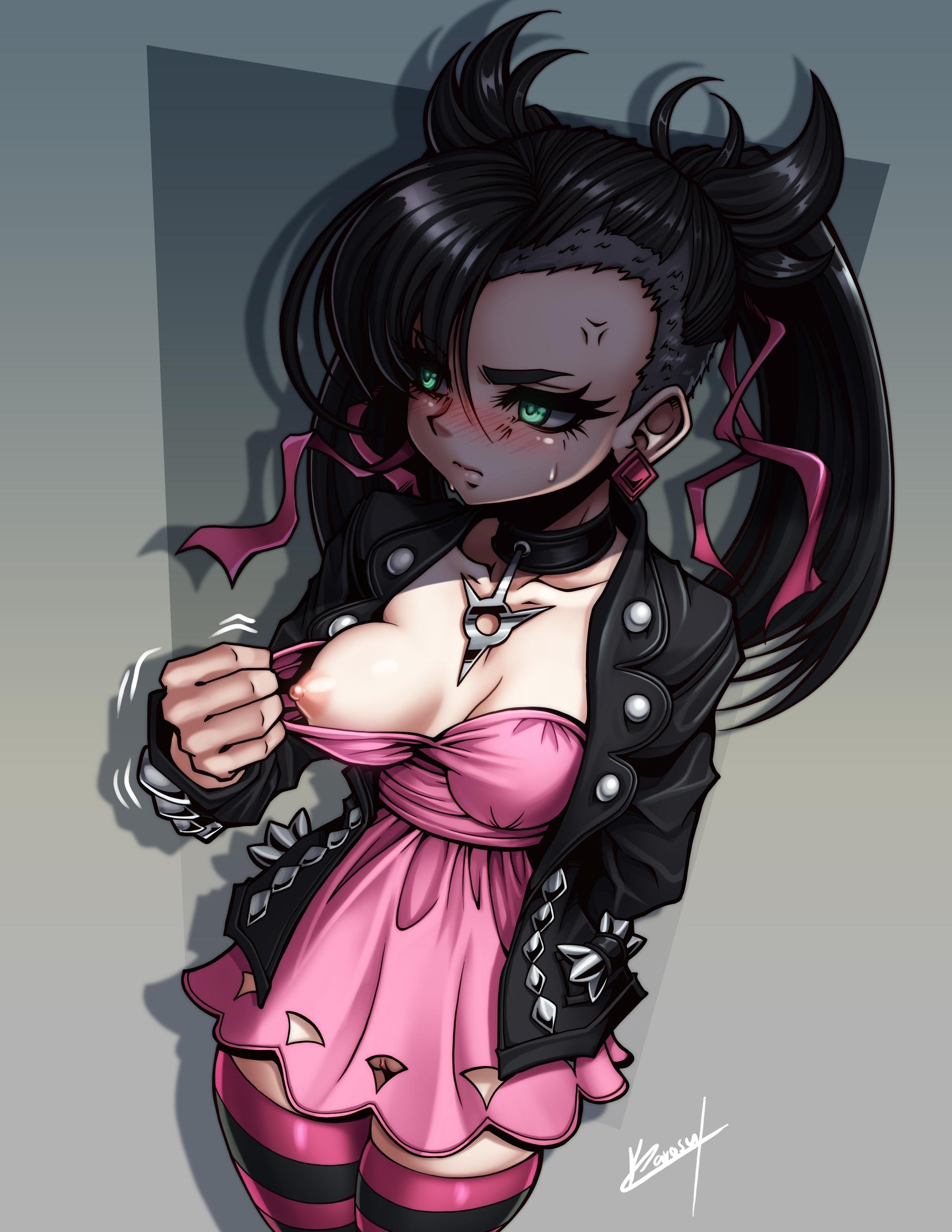 1girls, 2d, alternate breast size, anger vein, angry, areola, big breasts, black hair, blush, bottomless, breasts, choker, cleavage, deviantart, dress, embarrassed, female, female only, flashing, frustrated, green eyes, grey background, human, human only, jacket, karosu-maker, looking away, marnie (pokemon), nintendo, nipples, no panties, one breast out, pokemon, pokemon ss, presenting, pussy, revealing clothes, revealing outfit, solo, text, thighhighs, watermark