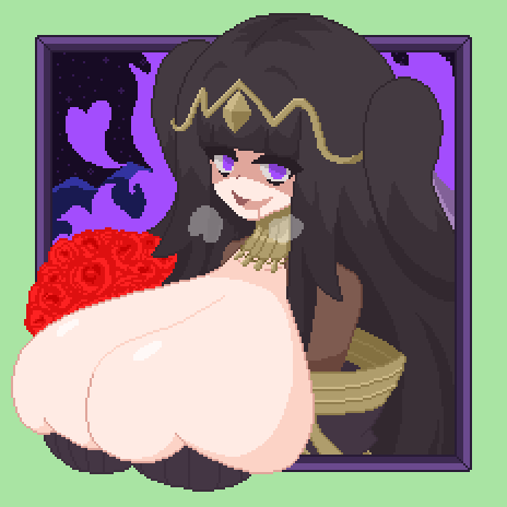 1girls big_breasts black_hair breasts bursting_breasts detailed_background drooling fire_emblem fire_emblem_awakening fire_emblem_heroes frame gensin gigantic_breasts heavy_breathing huge_breasts long_hair looking_at_viewer nintendo pixel_art purple_eyes roses smile tharja_(bridal)_(fire_emblem) tharja_(fire_emblem) twintails