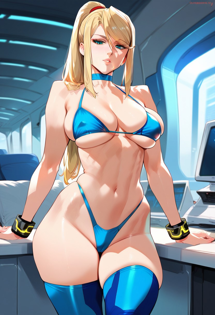 2d, ai generated, bikini, blonde hair, blue bikini, blue thighhighs, elbow gloves, female, female focus, female only, gloves, hellblueboy4, indoors, metroid, ponytail, samus aran, solo, solo female, solo focus, tagme, thighhighs