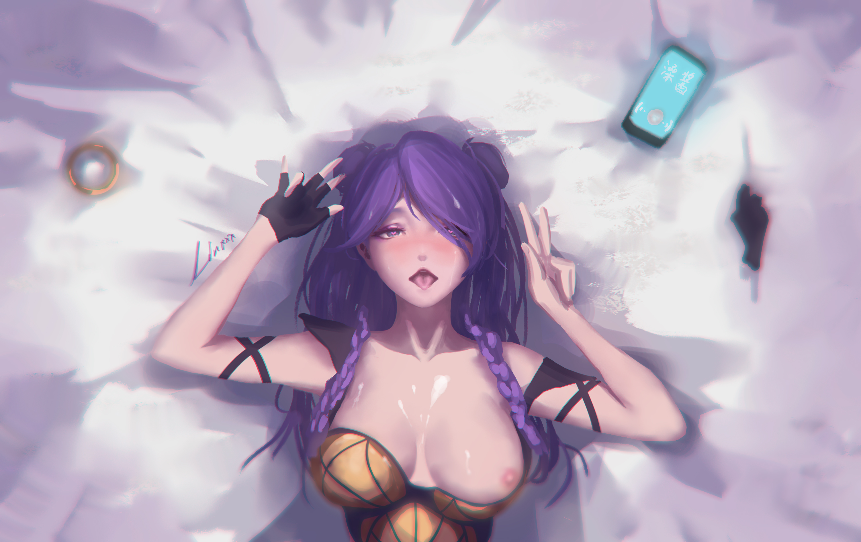 ahe gao, alternate costume, blush, breasts, female, heart-shaped pupils, k/da kai'sa, k/da series, kai'sa, league of legends, nipples, tongue, tongue out, v