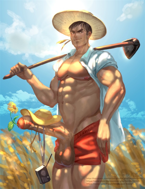 1boy abs big_penis blue_sky brown_hair erection farm farmer flower flower_insertion foreskin kaworu looking_at_viewer male male_only male_urethral_insertion muscles nipples outdoors penis testicles uncut urethral_insertion