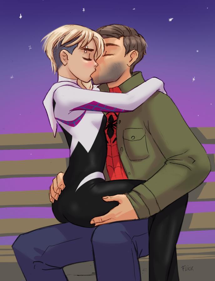 1boy, 1girls, adult and teenager, age difference, asymmetrical hair, blonde hair, bodysuit, closed eyes, clothing, crossed legs, eyebrow piercing, female, flick, gwen stacy, gwen stacy (spider-verse), hand on hip, hands on hips, human, kissing, larger male, light skin, light-skinned female, male, marvel, marvel comics, older male, older male and younger female, peter parker, piercing, short hair, smaller female, spider-gwen, spider-man, spider-man (series), spider-man: into the spider-verse, straddling, straight, straight hair, superhero, superhero costume, superheroine, teenage female, teenager, thigh gap, younger female