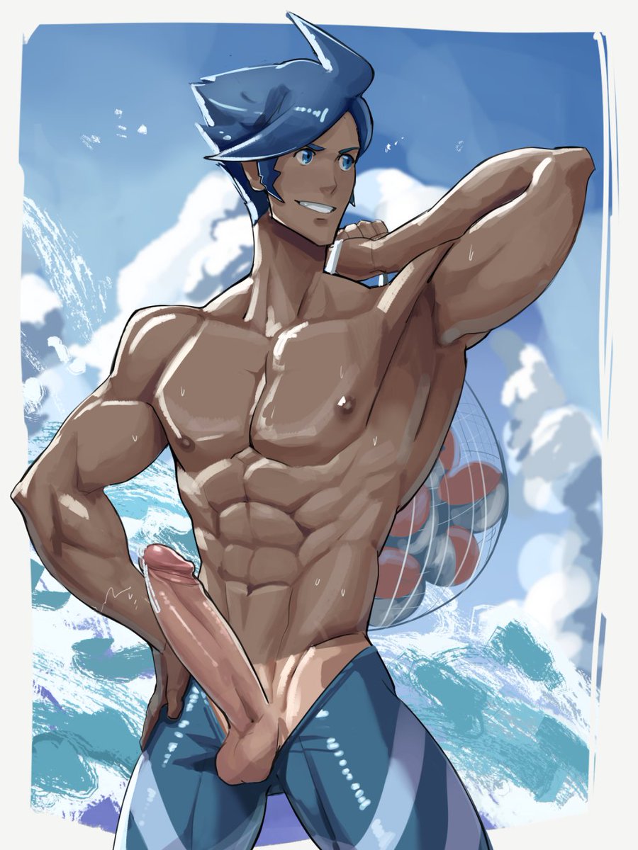 1boy abs blue_eyes blue_hair dark-skinned_male dark_skin erection kaito_draws male_only marlon_(pokemon) muscles nipples outdoors penis pokemon precum seaside standing testicles