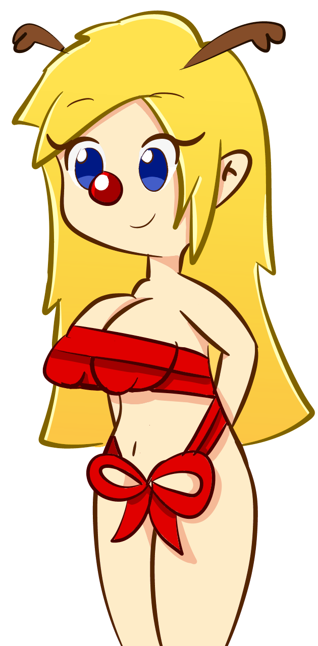 antlers big_breasts blonde_hair blue_eyes christmas deer_antlers doodle female hands_behind_back long_hair naked_ribbon ribbon smile solo testgril