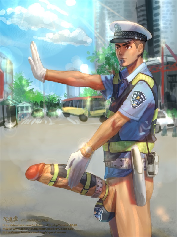 1boy, balls, big penis, blue sky, brown hair, bus, casual, clothing, cock ring, cock sleeve, cop, erection, exposed penis, genitalwear, gloves, huge cock, human, kaworu, male, male only, no pants, nonsexual, nonsexual nudity, outdoors, pale skin, penis, penis out, police, police hat, police officer, police uniform, policeman, public, short sleeves, standing, street, testicles, thick penis, vest, whistle
