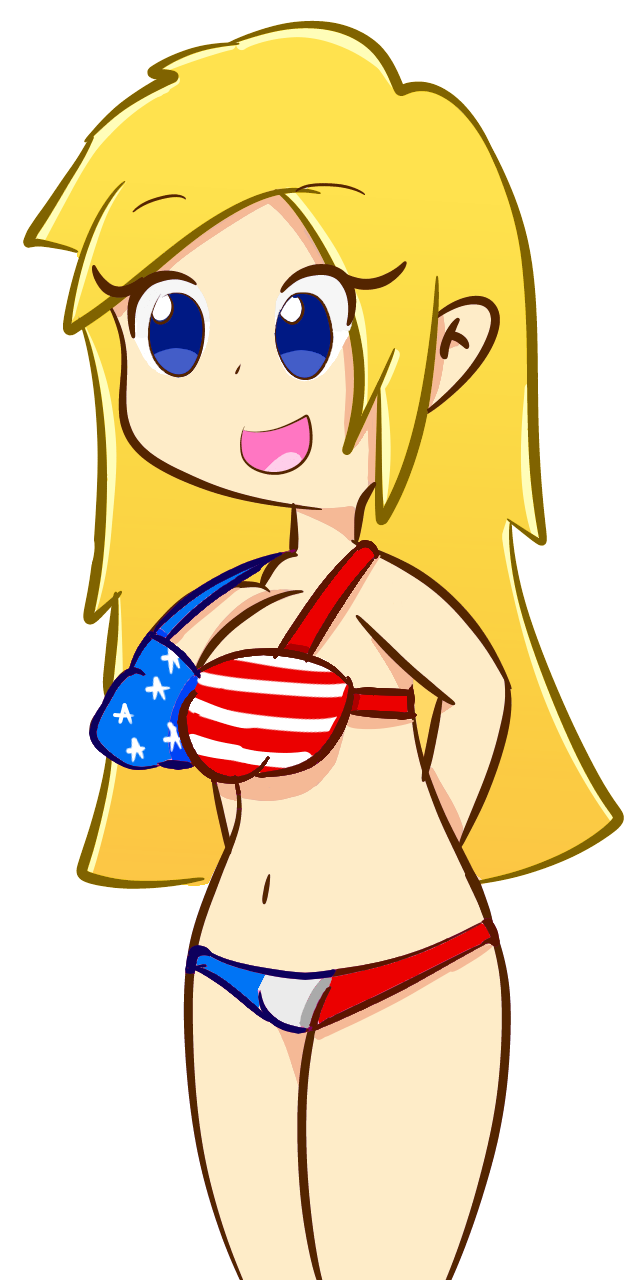 1girls american_flag american_flag_bikini big_breasts blonde_hair blue_eyes breasts doodle female hands_behind_back long_hair smile solo testgril