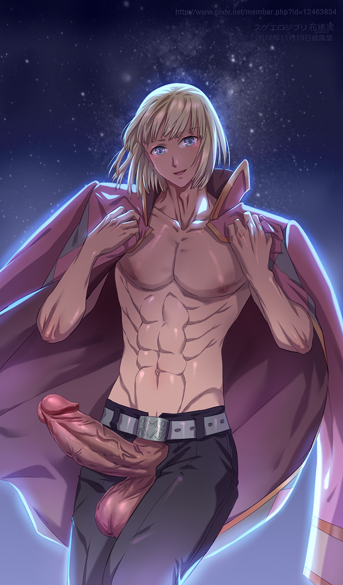 1boy abs blonde_hair erection howl's_moving_castle howl_(character) howl_no_ugoku_shiro kaworu looking_at_viewer male male_only muscles nipples penis studio_ghibli testicles