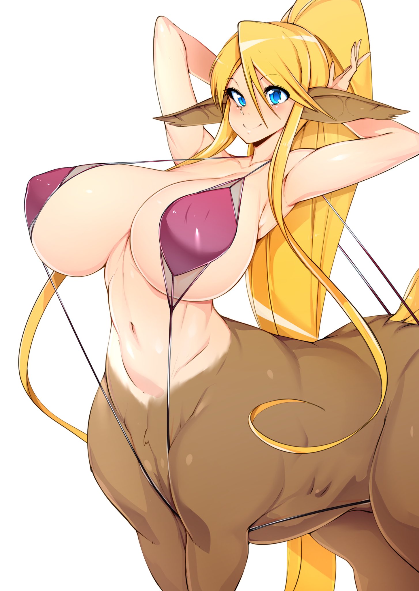 1girls, animal ears, animal tail, big breasts, bikini, blonde hair, blue eyes, breasts, centaur, centauress, centorea shianus, cleavage, female, female only, large breasts, monster girl, monster musume no iru nichijou, slugbox, solo, taur