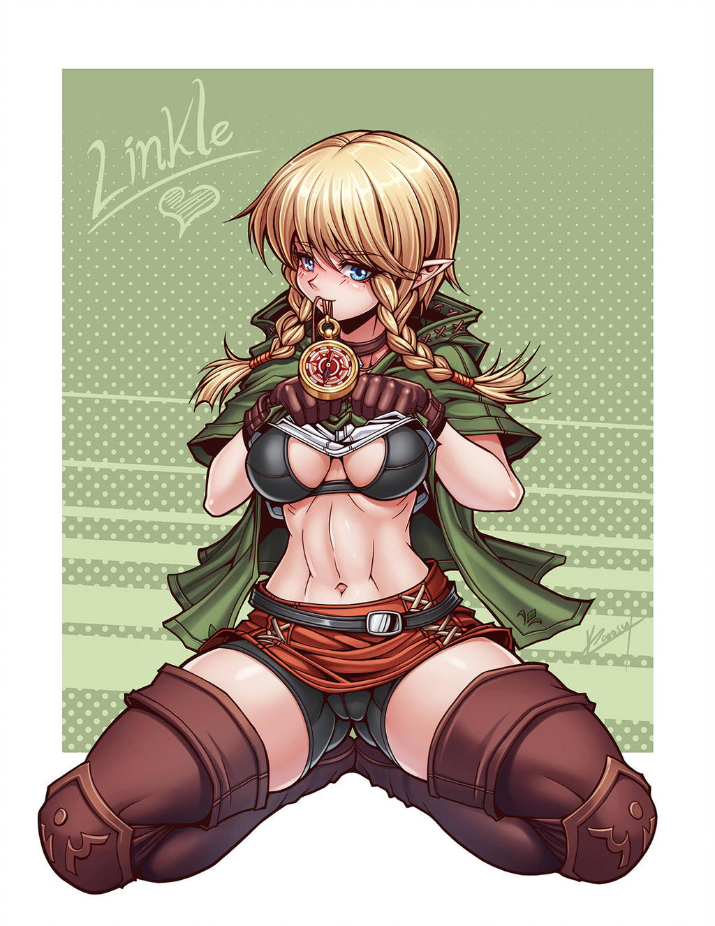 2018 blonde_hair blue_eyes blush boots bra breasts cameltoe clothed clothing compass female footwear gloves hair handwear humanoid hylian hyrule_warriors inviting karosu-maker kneeling linkle long_hair medium_breasts navel nintendo shirt_lift shorts simple_background smile solo spread_legs the_legend_of_zelda video_games