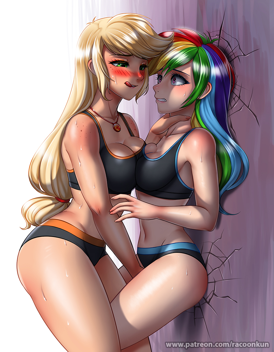 2girls anthro applejack_(mlp) blush equestria_girls friendship_is_magic hand_between_legs my_little_pony panties racoonkun rainbow_dash_(mlp) sports_bra yuri